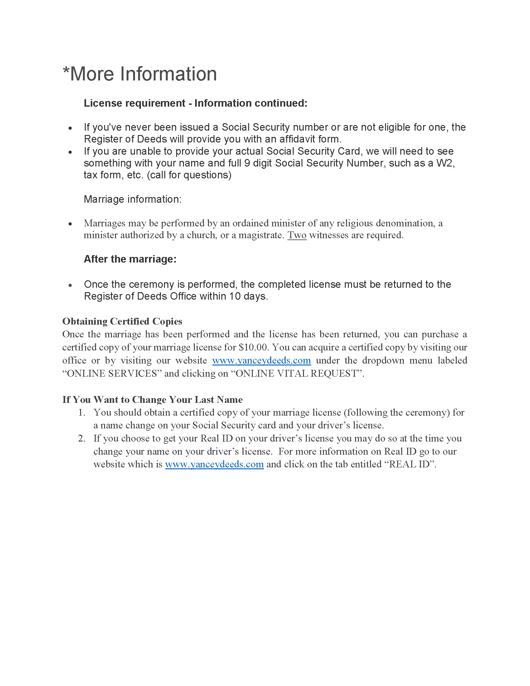 MARRIAGE LICENSE INFORMATION Yancey County, North Carolina